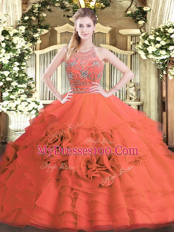 Red Ball Gowns Tulle Halter Top Sleeveless Beading and Ruffled Layers Floor Length Zipper 15th Birthday Dress