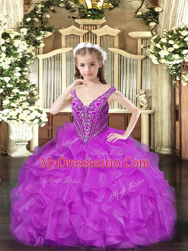 Purple Ball Gowns Beading and Ruffles High School Pageant Dress Lace Up Organza Sleeveless Floor Length