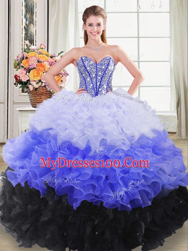 Multi-color Ball Gowns Sweetheart Sleeveless Organza Floor Length Lace Up Beading and Ruffles Quinceanera Dress