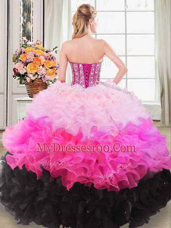 Multi-color Ball Gowns Sweetheart Sleeveless Organza Floor Length Lace Up Beading and Ruffles Quinceanera Dress