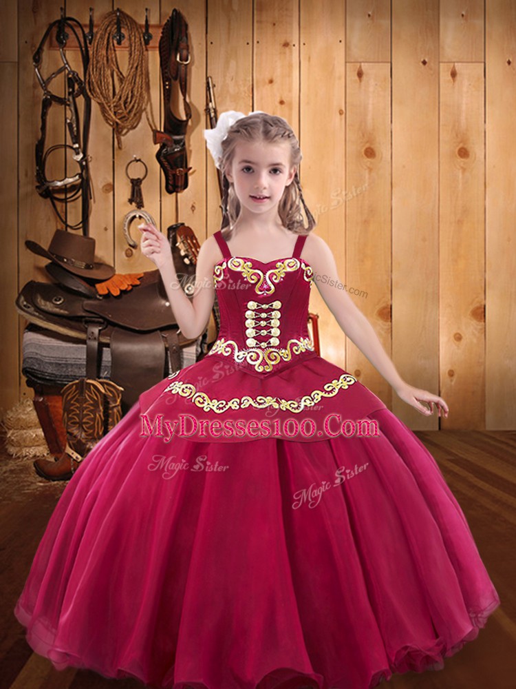 Red Ball Gowns Organza Straps Sleeveless Embroidery Floor Length Lace Up Child Pageant Dress