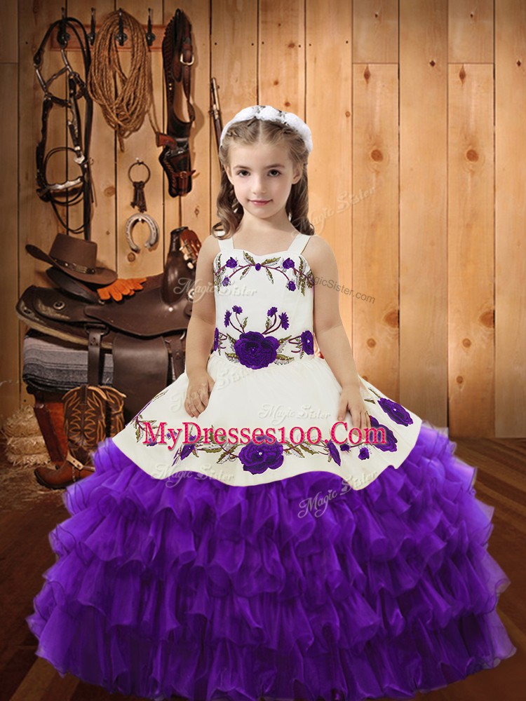Eggplant Purple Straps Lace Up Embroidery and Ruffled Layers Little Girls Pageant Dress Sleeveless