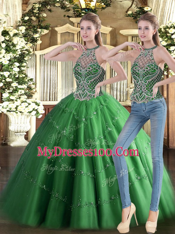 Wonderful Green Ball Gowns Tulle High-neck Sleeveless Beading Floor Length Lace Up Sweet 16 Dresses