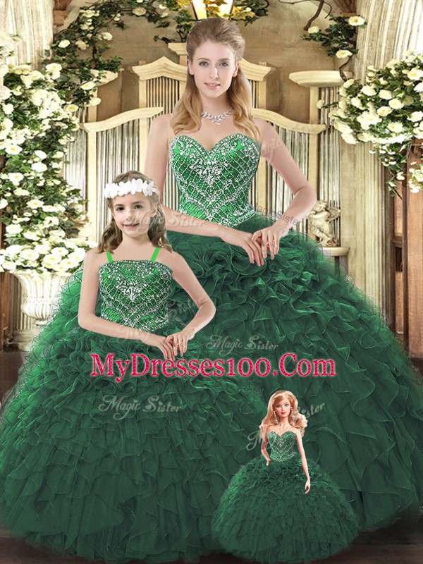 Chic Floor Length Lace Up Quinceanera Dresses Dark Green for Military Ball and Sweet 16 and Quinceanera with Ruffles