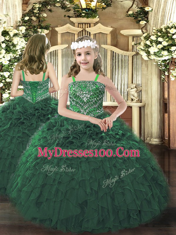 Chic Floor Length Lace Up Quinceanera Dresses Dark Green for Military Ball and Sweet 16 and Quinceanera with Ruffles