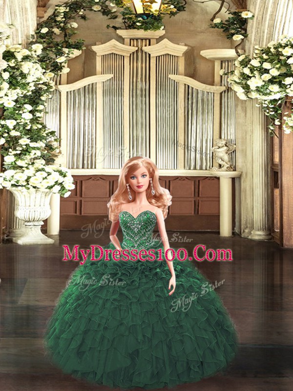 Chic Floor Length Lace Up Quinceanera Dresses Dark Green for Military Ball and Sweet 16 and Quinceanera with Ruffles