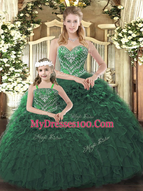 Chic Floor Length Lace Up Quinceanera Dresses Dark Green for Military Ball and Sweet 16 and Quinceanera with Ruffles