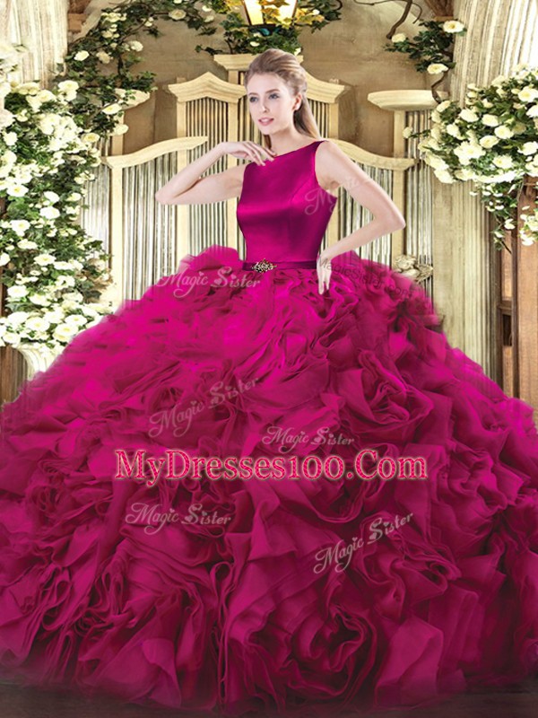 Fabric With Rolling Flowers Scoop Sleeveless Clasp Handle Belt Sweet 16 Dress in Fuchsia
