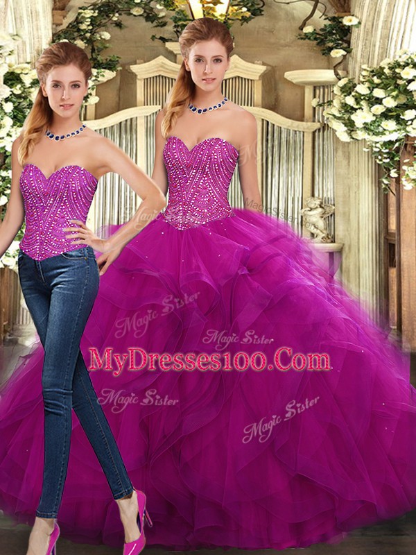 Sweetheart Sleeveless Sweet 16 Quinceanera Dress Floor Length Beading and Ruffles Fuchsia Organza