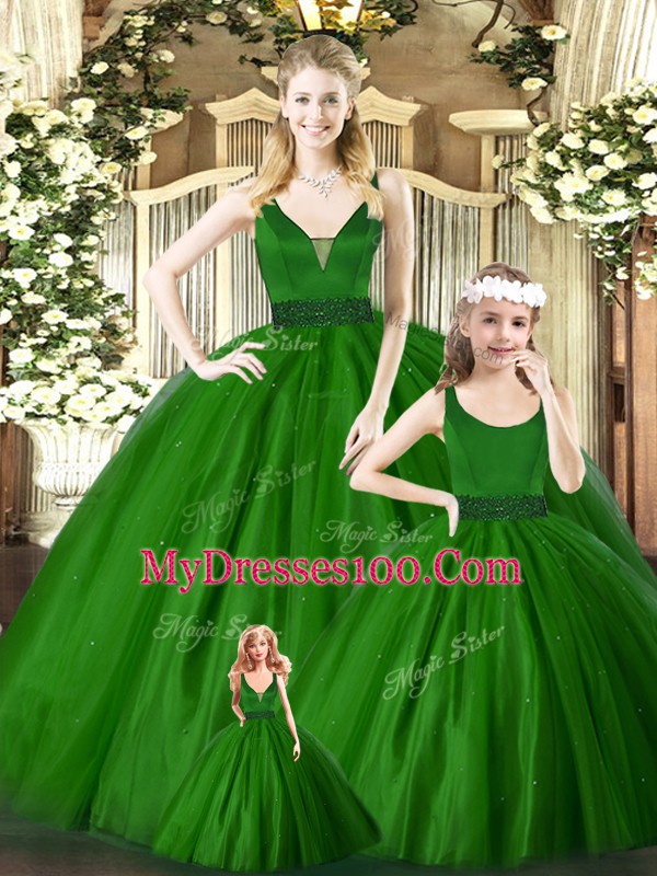 Traditional V-neck Sleeveless Quince Ball Gowns Floor Length Embroidery Green Tulle