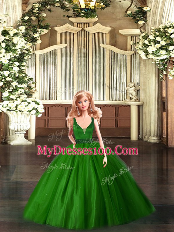 Traditional V-neck Sleeveless Quince Ball Gowns Floor Length Embroidery Green Tulle