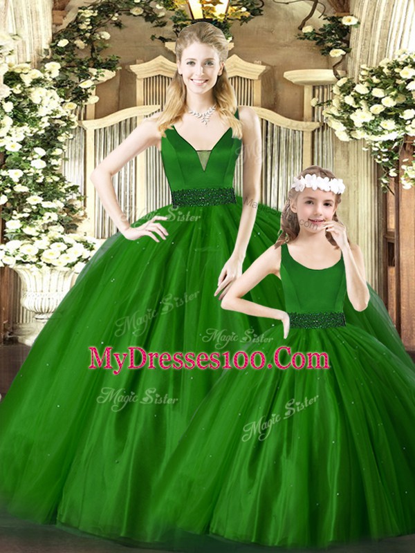 Traditional V-neck Sleeveless Quince Ball Gowns Floor Length Embroidery Green Tulle