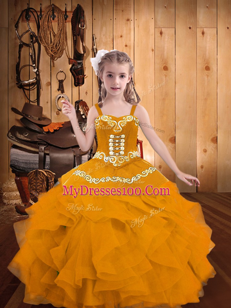 Gold Organza Lace Up High School Pageant Dress Sleeveless Floor Length Embroidery and Ruffles