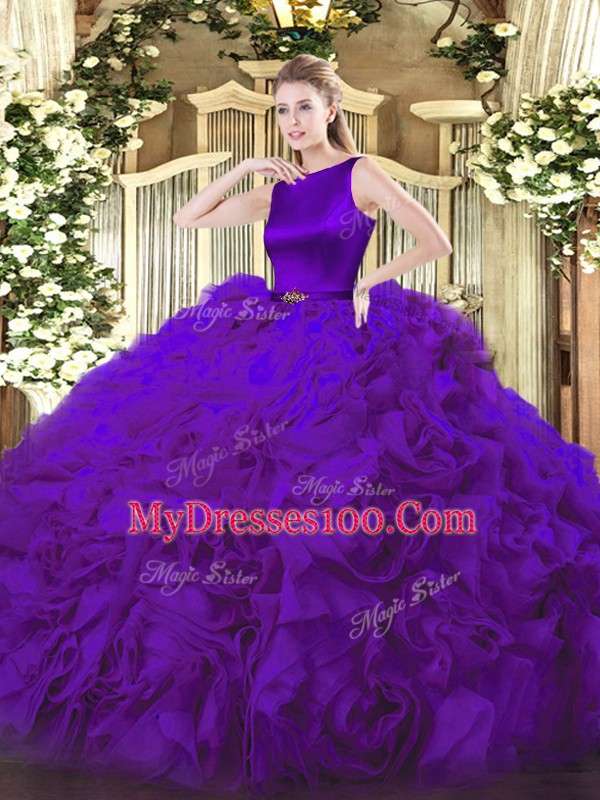 Purple Ball Gowns Fabric With Rolling Flowers Scoop Sleeveless Belt Floor Length Clasp Handle Quinceanera Dresses