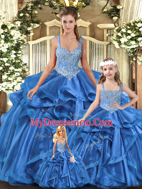 Ball Gowns Quinceanera Dress Blue Straps Tulle Sleeveless Floor Length Lace Up