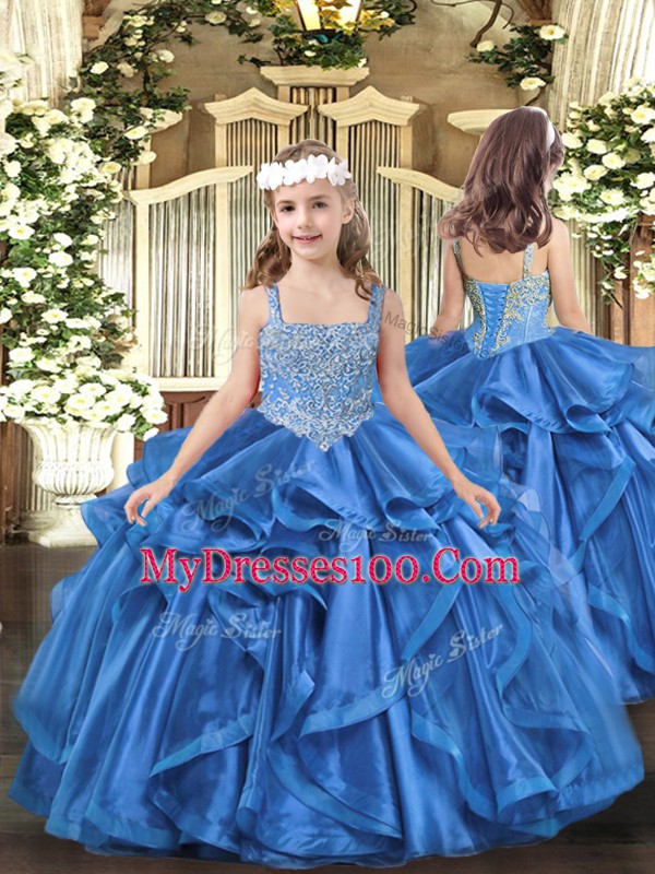 Ball Gowns Quinceanera Dress Blue Straps Tulle Sleeveless Floor Length Lace Up