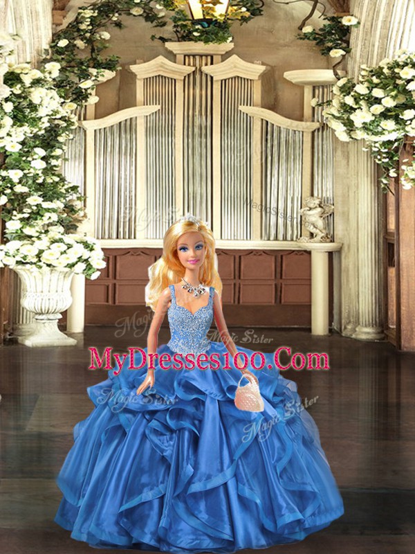 Ball Gowns Quinceanera Dress Blue Straps Tulle Sleeveless Floor Length Lace Up