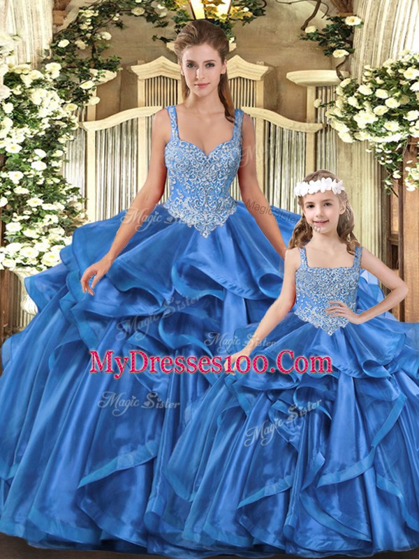 Ball Gowns Quinceanera Dress Blue Straps Tulle Sleeveless Floor Length Lace Up