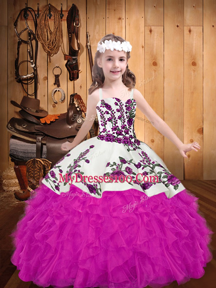 Fuchsia Sleeveless Organza Lace Up Little Girl Pageant Gowns for Party and Sweet 16 and Quinceanera and Wedding Party