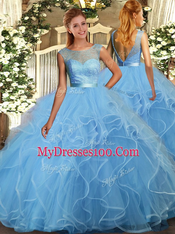 Affordable Scoop Sleeveless Sweet 16 Quinceanera Dress Floor Length Ruffles Aqua Blue Organza
