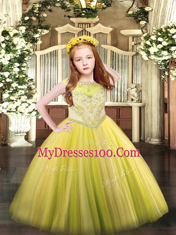 Yellow Zipper Scoop Beading Pageant Dress for Girls Tulle Sleeveless