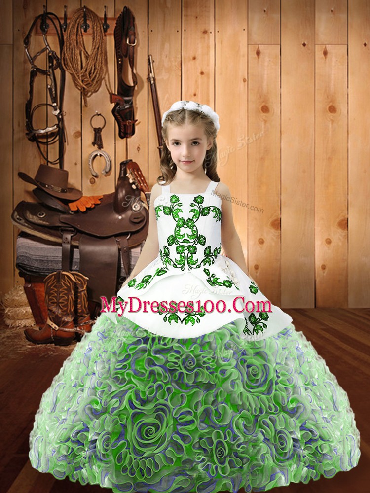 Customized Fabric With Rolling Flowers Straps Sleeveless Lace Up Embroidery and Ruffles Little Girls Pageant Gowns in Multi-color