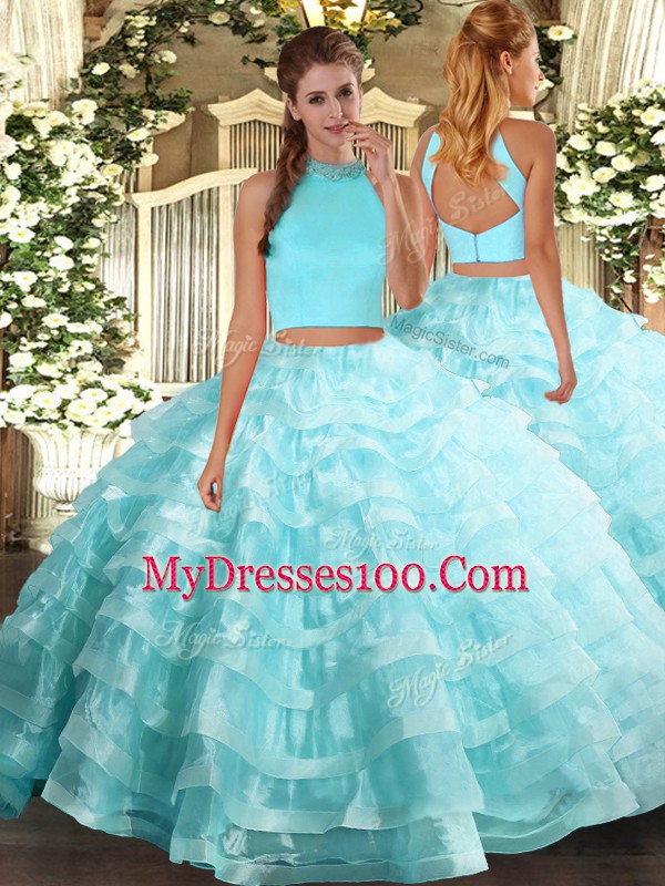 Charming Aqua Blue Sleeveless Beading and Ruffled Layers Floor Length Sweet 16 Quinceanera Dress