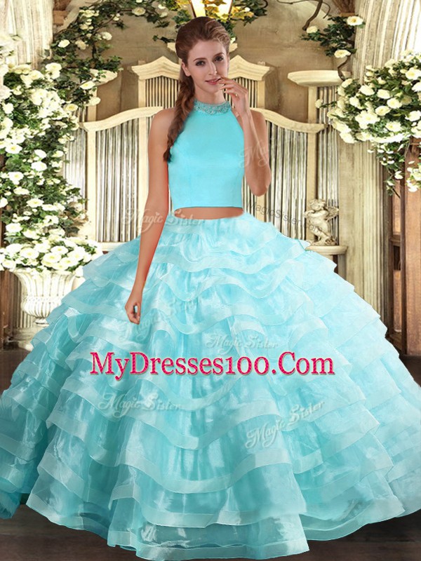 Charming Aqua Blue Sleeveless Beading and Ruffled Layers Floor Length Sweet 16 Quinceanera Dress