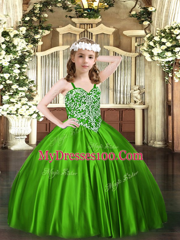 Green Sleeveless Floor Length Beading Lace Up Child Pageant Dress