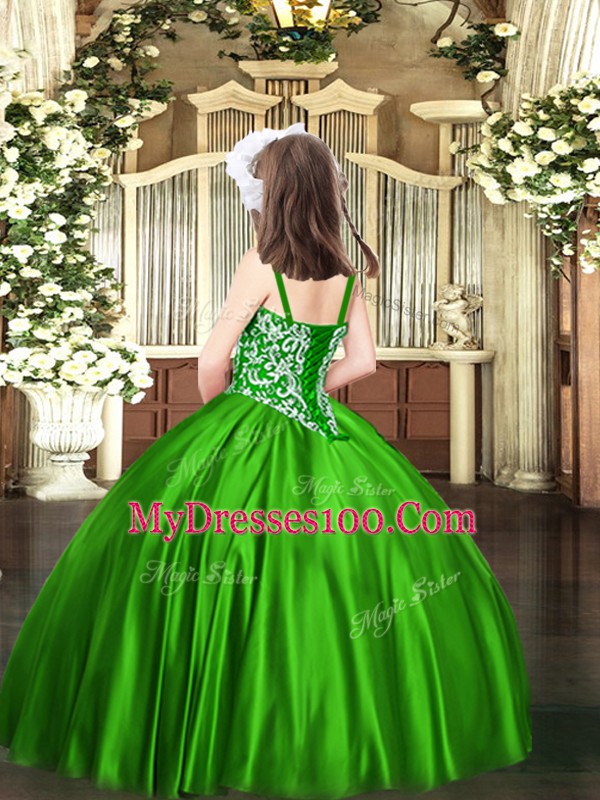 Green Sleeveless Floor Length Beading Lace Up Child Pageant Dress