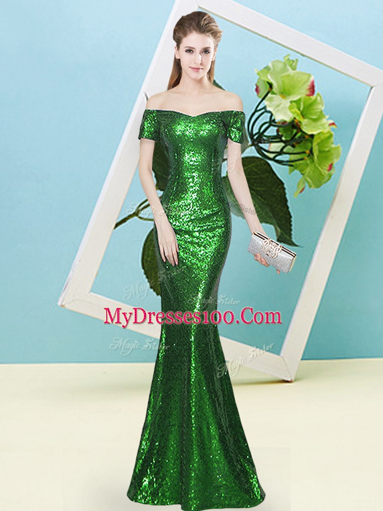 Customized Sequins Prom Dresses Green Zipper Short Sleeves Floor Length