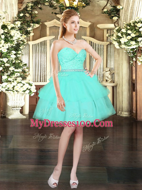 Custom Fit Ball Gowns Homecoming Dresses Aqua Blue Sweetheart Tulle Sleeveless Mini Length Lace Up