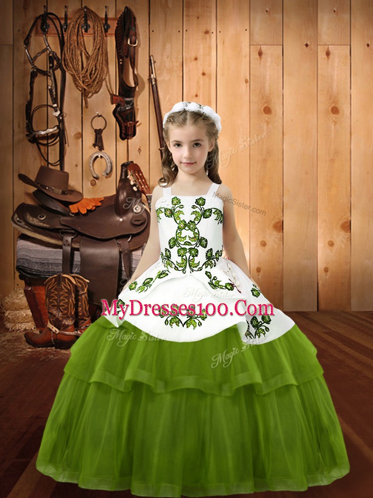 Floor Length Olive Green Kids Formal Wear Straps Sleeveless Lace Up