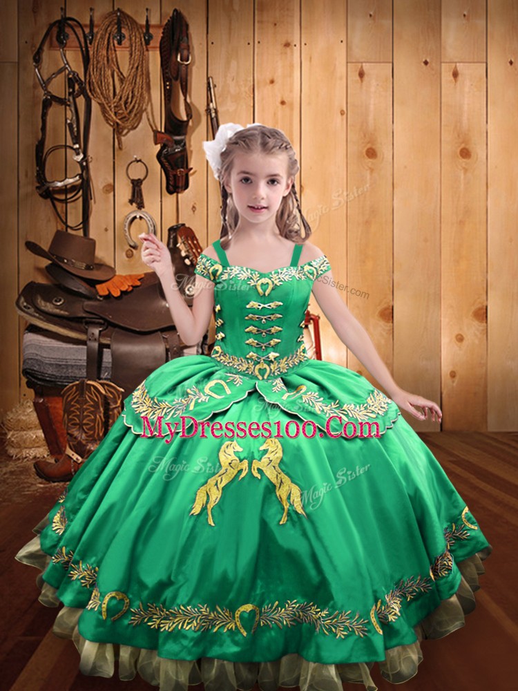 Charming Turquoise Ball Gowns Satin Off The Shoulder Sleeveless Beading and Embroidery Floor Length Lace Up High School Pageant Dress