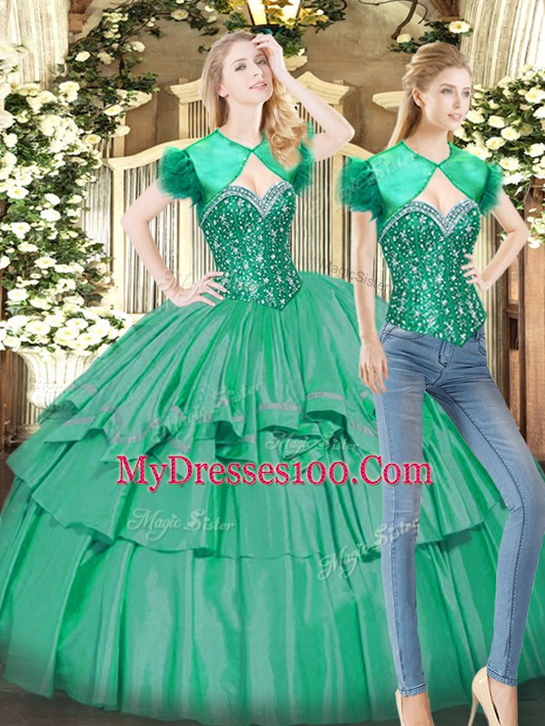 New Arrival Turquoise Quinceanera Gowns Military Ball and Sweet 16 and Quinceanera with Beading and Ruffled Layers Sweetheart Sleeveless Lace Up