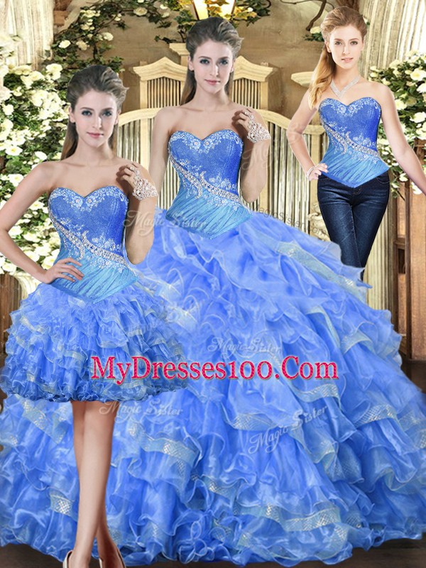 Trendy Sleeveless Tulle Floor Length Lace Up 15 Quinceanera Dress in Baby Blue with Beading and Ruffles