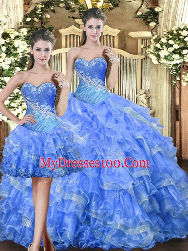 Trendy Sleeveless Tulle Floor Length Lace Up 15 Quinceanera Dress in Baby Blue with Beading and Ruffles