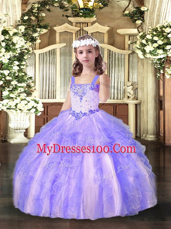 Sleeveless Organza Floor Length Lace Up Kids Formal Wear in Lavender with Beading and Ruffles
