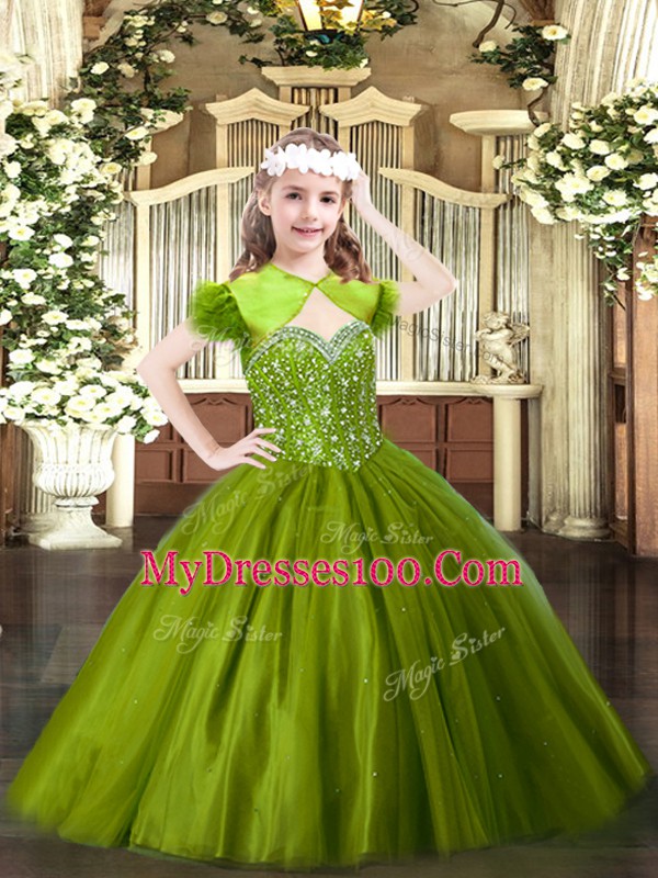 Floor Length Olive Green Kids Formal Wear Straps Sleeveless Lace Up