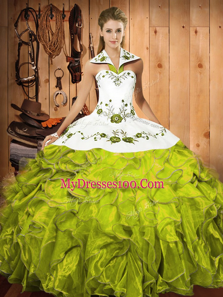 Olive Green Sleeveless Satin and Organza Lace Up Quinceanera Gowns for Military Ball and Sweet 16 and Quinceanera