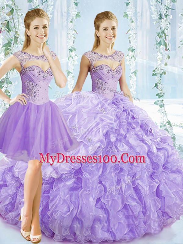 Superior Lavender Sleeveless Beading and Ruching and Pick Ups Lace Up Quinceanera Dress