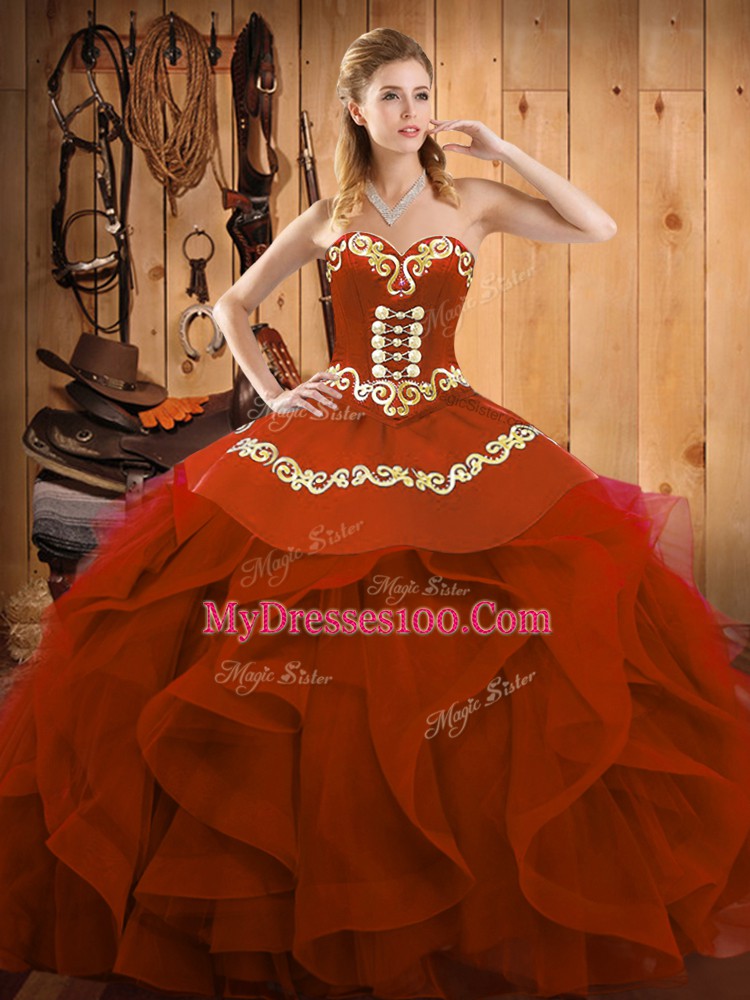 Pretty Rust Red Sleeveless Organza Lace Up Quinceanera Dresses for Military Ball and Sweet 16 and Quinceanera