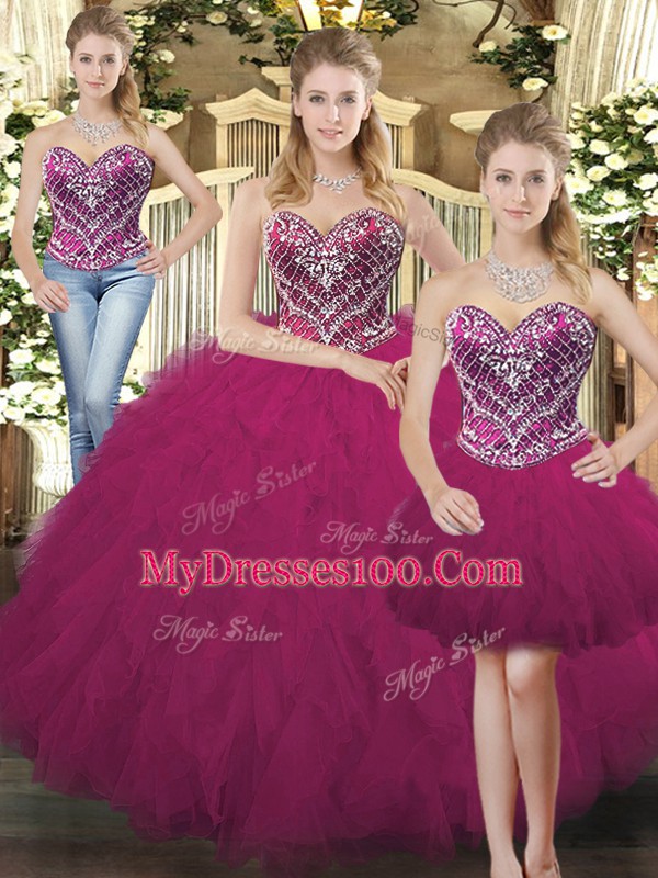 Elegant Fuchsia Sleeveless Organza Lace Up Quince Ball Gowns for Military Ball and Sweet 16 and Quinceanera