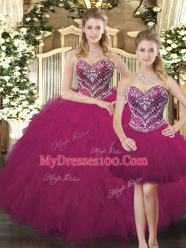 Elegant Fuchsia Sleeveless Organza Lace Up Quince Ball Gowns for Military Ball and Sweet 16 and Quinceanera
