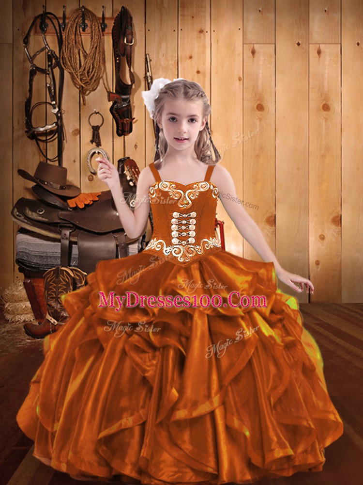 Elegant Orange Straps Lace Up Embroidery and Ruffles Kids Formal Wear Sleeveless