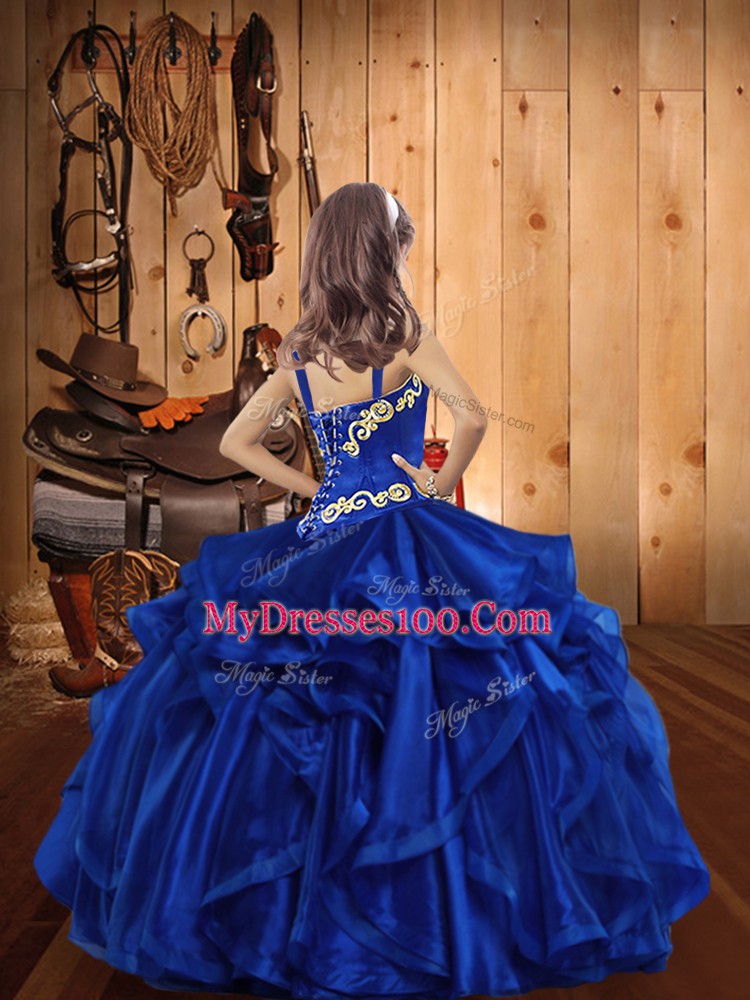 Elegant Orange Straps Lace Up Embroidery and Ruffles Kids Formal Wear Sleeveless