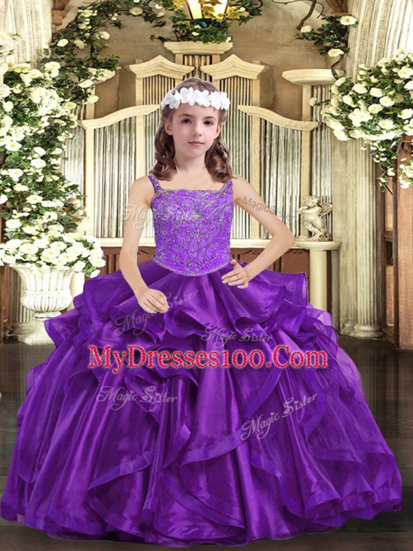 Dramatic Ball Gowns Little Girl Pageant Dress Eggplant Purple and Purple Straps Organza Sleeveless Floor Length Lace Up