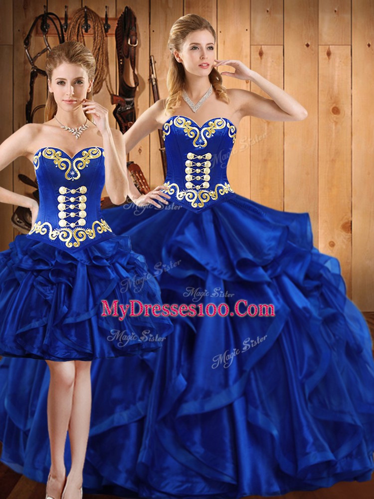 Royal Blue Lace Up Sweetheart Embroidery and Ruffles Sweet 16 Dress Organza Sleeveless