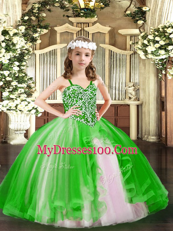 Green Ball Gowns Straps Sleeveless Tulle Floor Length Lace Up Beading Pageant Gowns For Girls