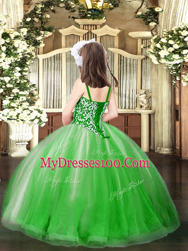Green Ball Gowns Straps Sleeveless Tulle Floor Length Lace Up Beading Pageant Gowns For Girls